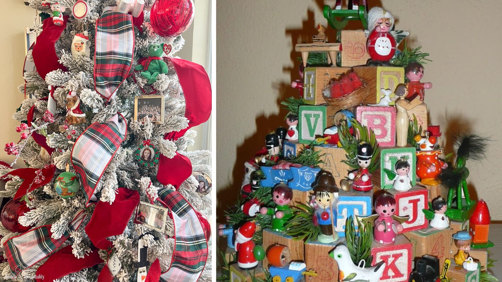 The heirloom tree embraces an eclectic mix of ornaments collected over the years — different shapes, styles, textures, and memories all displayed in one cohesive palette.