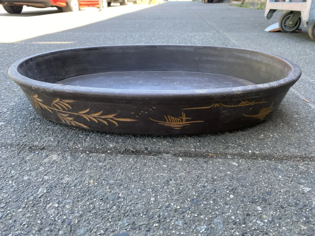 Handmade black bonsai pot with gold painted detail from Bát Tràng