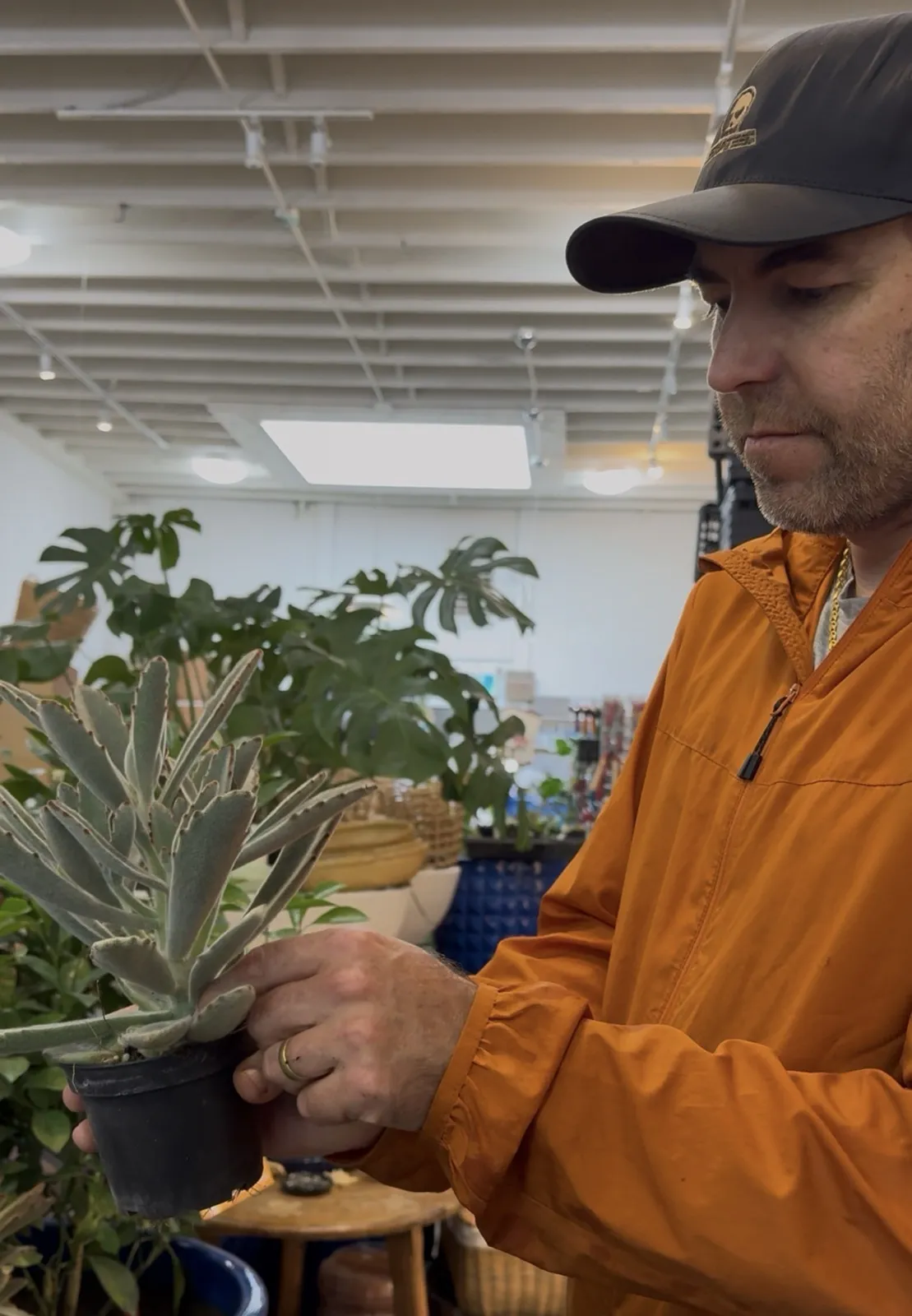 Darrell Smith checking a plant inside DH Garden Centre, Vancouver