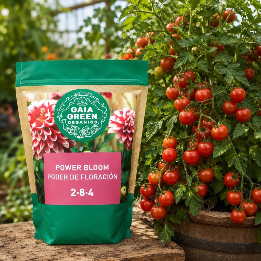 Gaia Green Power Bloom 2-8-4 organic fertilizer beside ripe red tomatoes