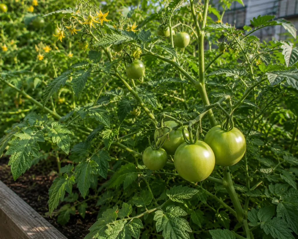 Tomato plant setting green fruit after switching to a high phosphorus bloom fertilizer
