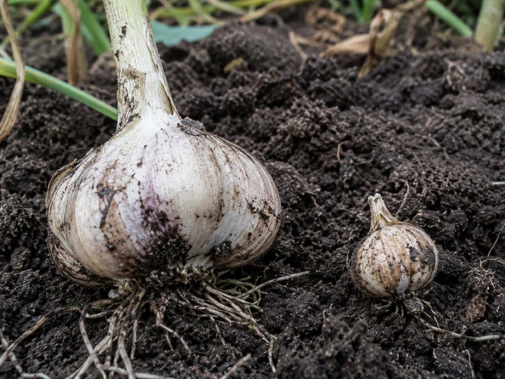 A large garlic bulb and a much smaller round bulb lying on dark garden soil