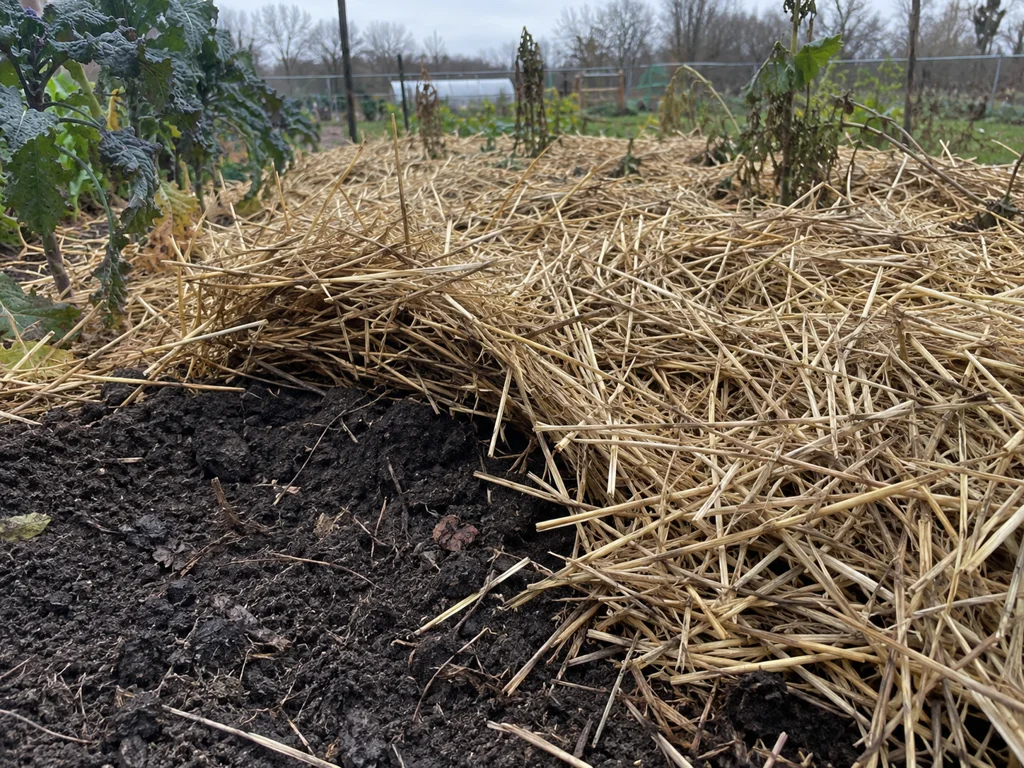 A garden bed thickly mulched with straw under a grey autumn sky