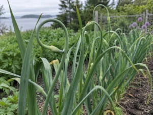 Hardneck garlic plants with curled green scapes rising above the leaves in a coastal garden