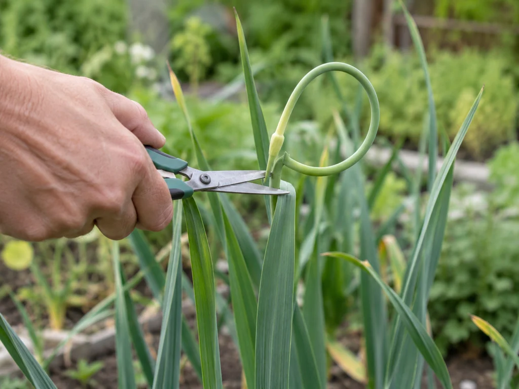 A hand using pruning scissors to cut a curled garlic scape above the leaves