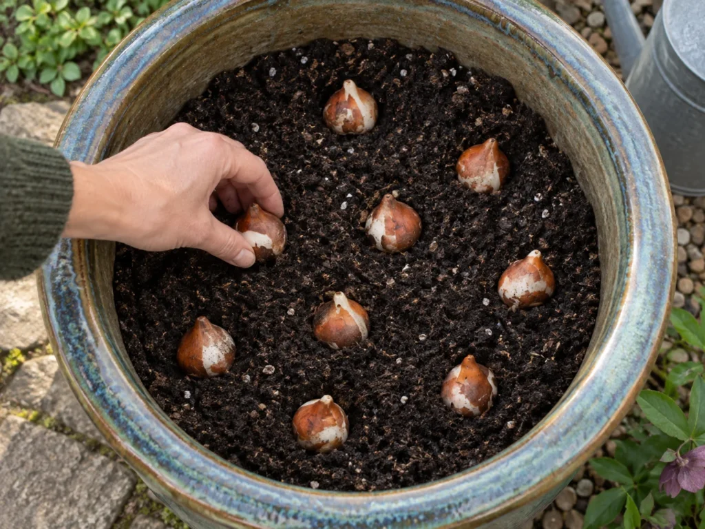 A hand placing tulip bulbs pointed side up into a large pot of dark soil