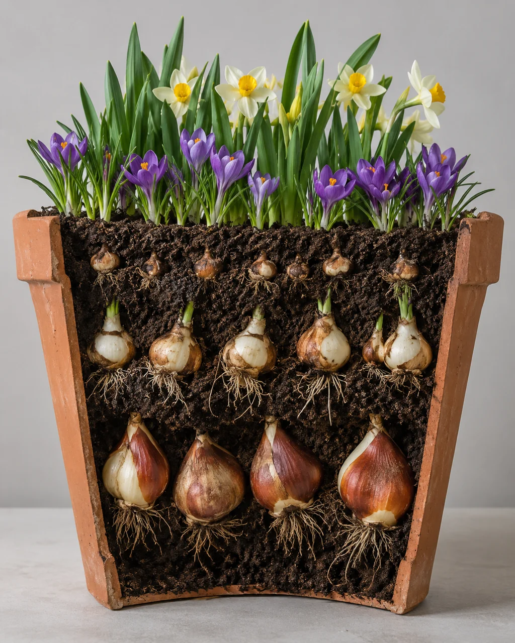 A pot cut in half showing three layers of flower bulbs planted at different depths