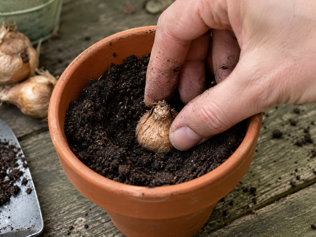 A hand placing a small crocus corm into a terracotta pot of soil