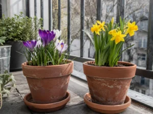 Two terracotta pots of blooming crocus and daffodils on a balcony railing