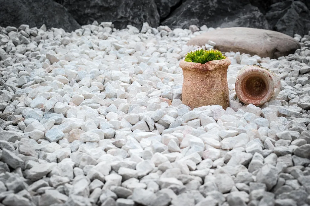 Two small terracotta pots sitting on a bed of white gravel outdoors