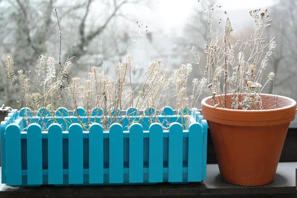 Frost covered terracotta pot and light blue planter box with dried winter stems