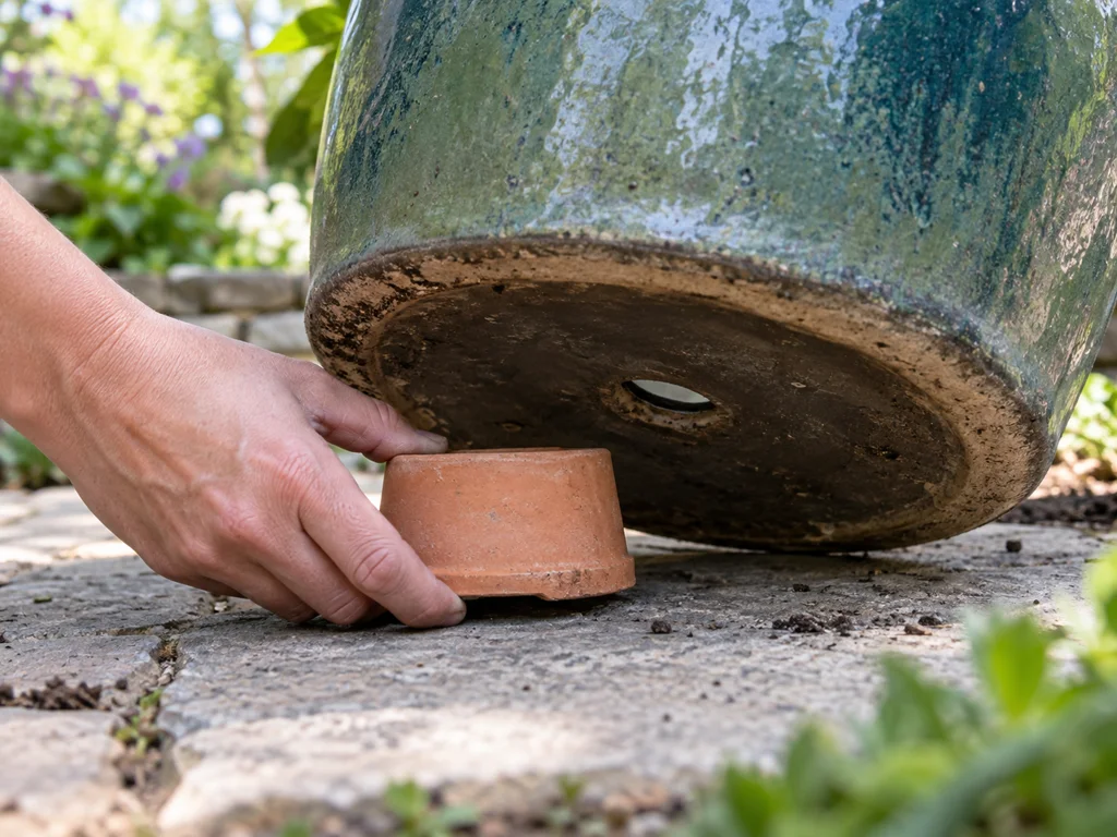 A hand placing a small pot foot under a thick ceramic pot to expose the drainage hole