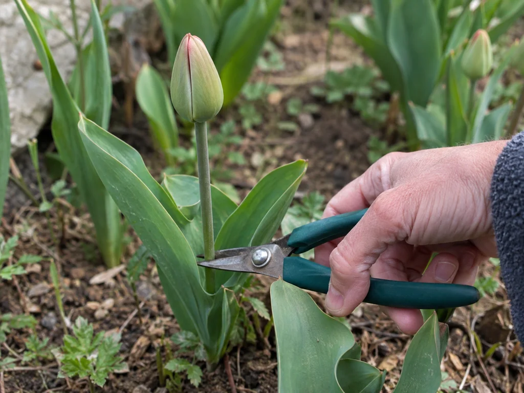 A hand cutting a tulip stem with scissors just as the bud shows its first hint of color