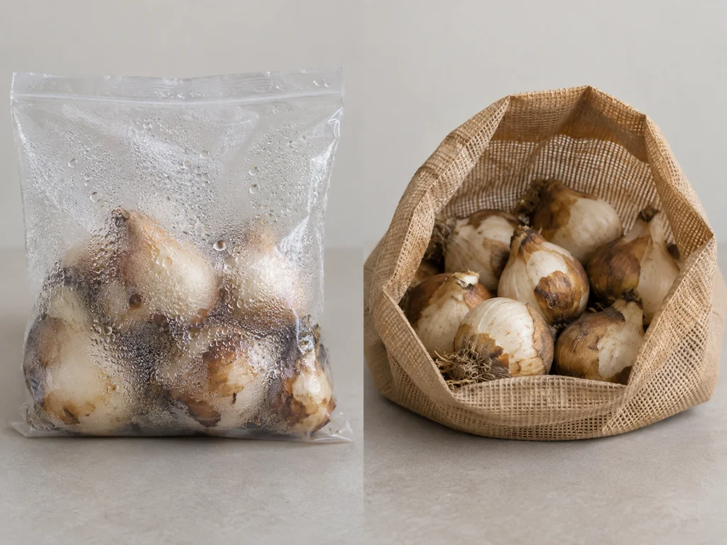 A sealed plastic bag fogged with condensation next to an open mesh bag of bulbs