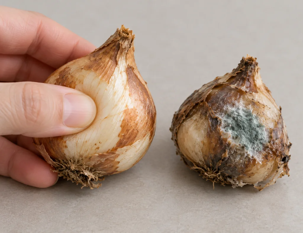 A hand squeezing a bulb to test its firmness next to another bulb with visible mold