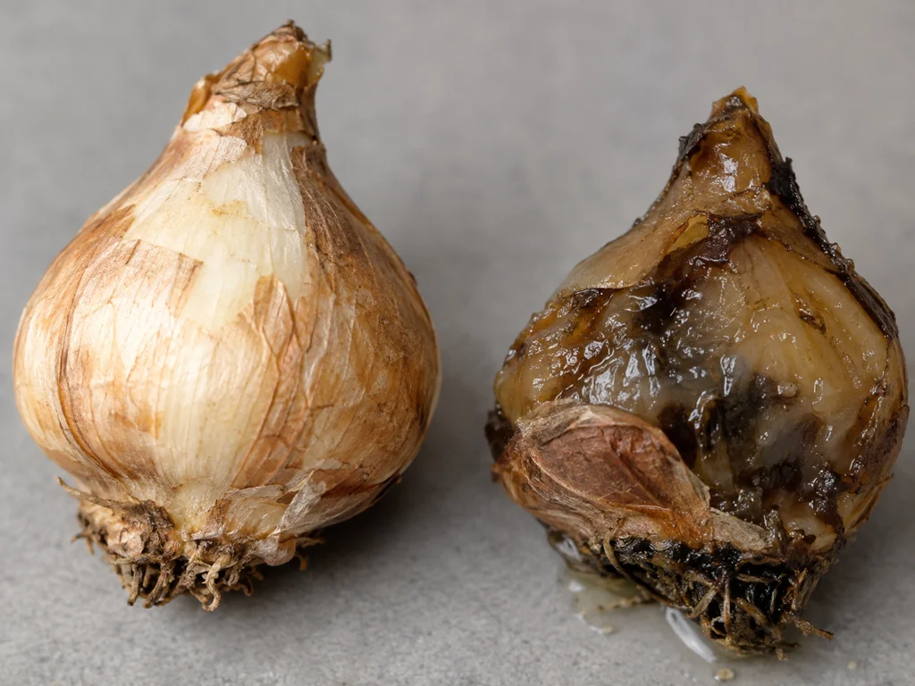 A frozen and thawed bulb showing dark mushy tissue next to a firm healthy bulb