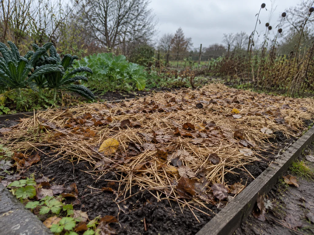 A garden bed in late autumn with planted bulbs covered by fallen leaves and straw