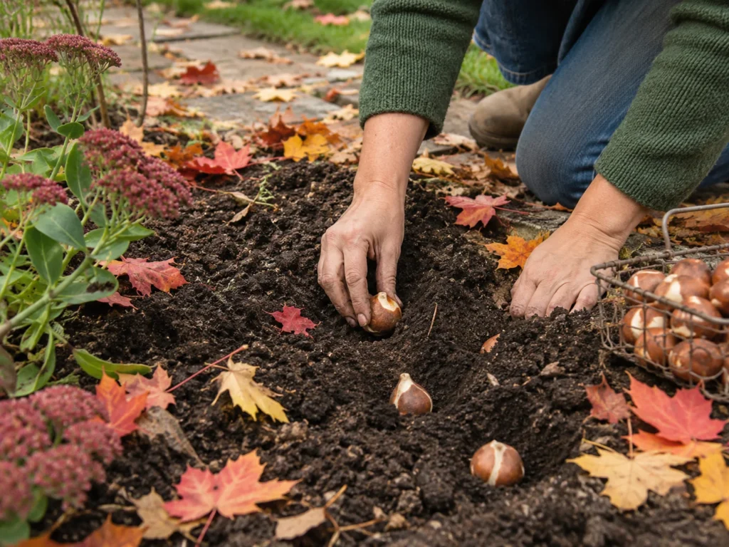 Hands planting tulip bulbs into damp soil surrounded by fallen autumn maple leaves