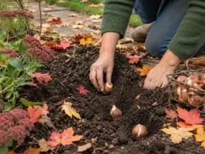 Hands planting tulip bulbs into damp soil surrounded by fallen autumn maple leaves