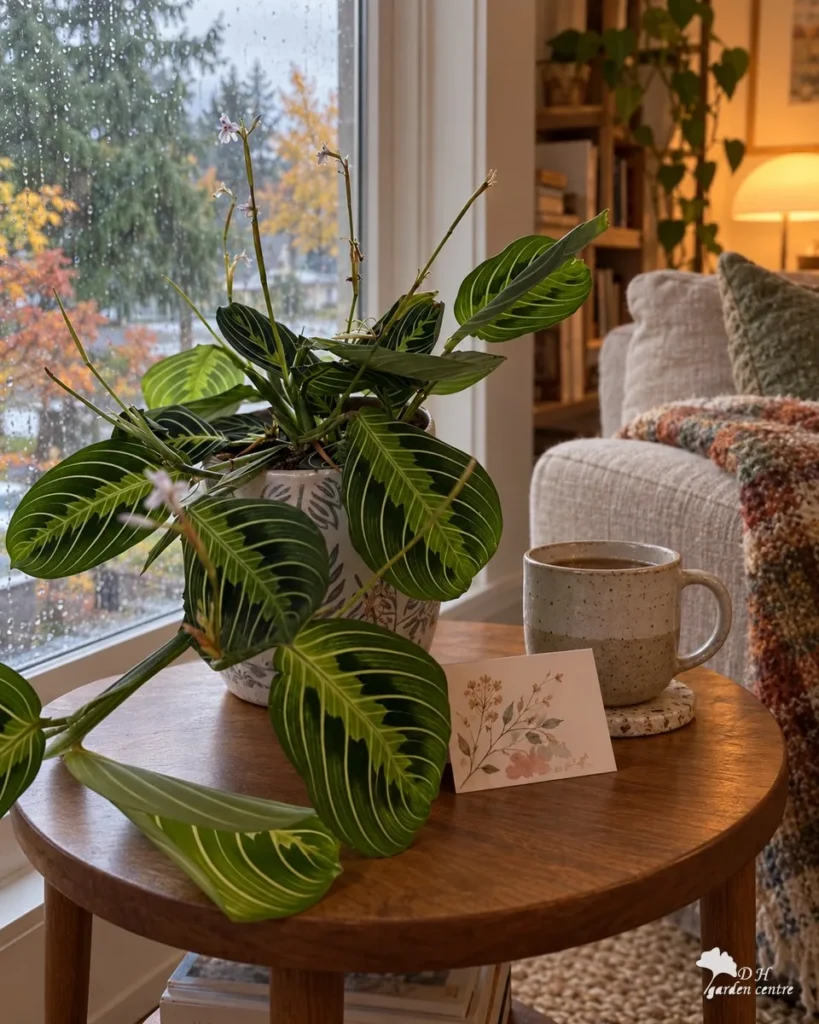 Prayer plant in a glazed pot on a side table by a rainy Vancouver window, with a mug and a handwritten card. AI illustration based on a plant from DH Garden Centre.